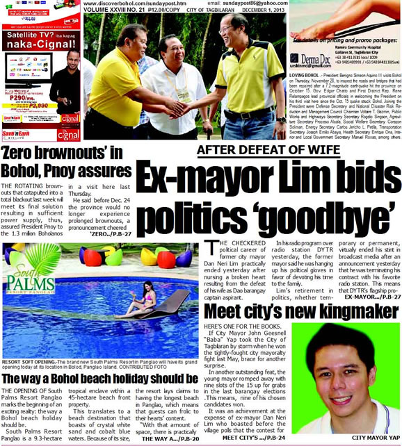 Bohol Sunday Post - Bohol Newspaper - Bohol news online - Bohol online news - Bohol latest news - Bohol news update - Bohol breaking news - What's happening in Bohol, Bohol earthquake