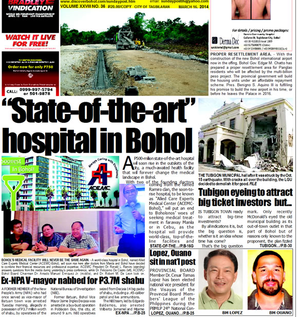 Bohol Sunday Post - Bohol Newspaper - Bohol news online - Bohol online news - Bohol latest news - Bohol news update - Bohol breaking news - What's happening in Bohol, Bohol earthquake