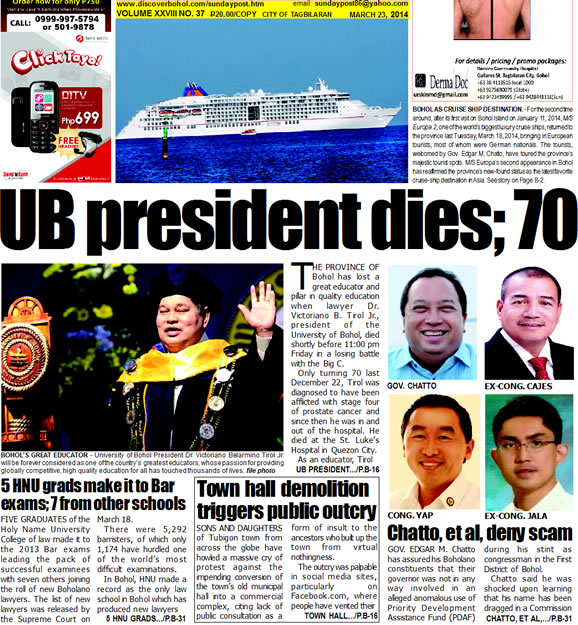 Bohol Sunday Post - Bohol Newspaper - Bohol news online - Bohol online news - Bohol latest news - Bohol news update - Bohol breaking news - What's happening in Bohol, Bohol earthquake