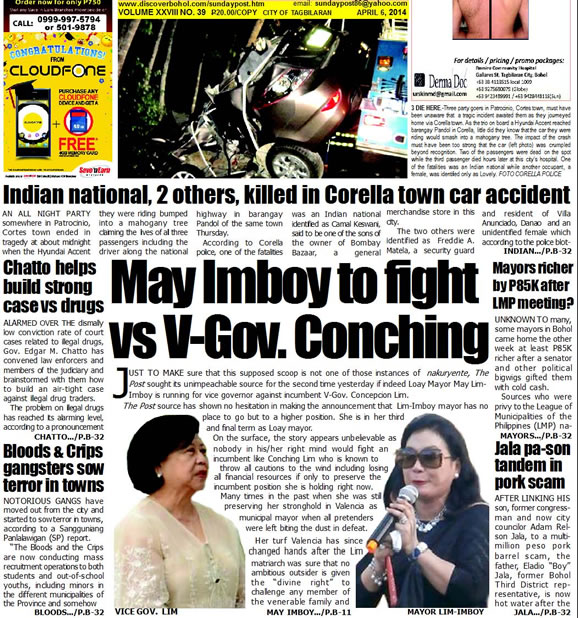 Bohol Sunday Post - Bohol Newspaper - Bohol news online - Bohol online news - Bohol latest news - Bohol news update - Bohol breaking news - What's happening in Bohol, Bohol earthquake